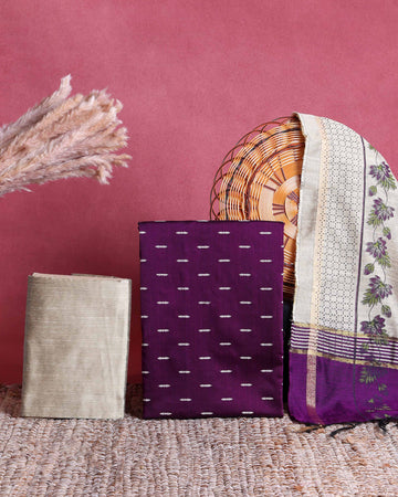 Women’s Unstitched Salwar Suit Material Set with Woven Butti Design Top 2.5 Mtr, Solid Coordinated Bottom 2 Mtr and Elegant Floral Printed Dupatta 2.25 Mtr with Traditional Border - Dark Purple