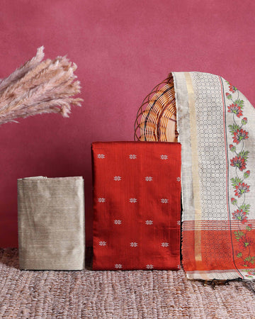 Women’s Unstitched Salwar Suit Material Set with Woven Butti Design Top 2.5 Mtr, Solid Coordinated Bottom 2 Mtr and Elegant Floral Printed Dupatta 2.25 Mtr with Traditional Border - Rust Red