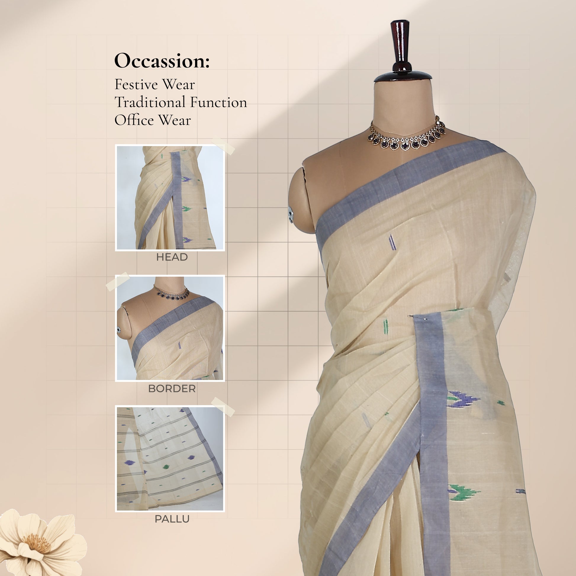 Cream Bengal Cotton Saree With Dark Grey Border And Ikat Woven Motifs Front Mannequin View
