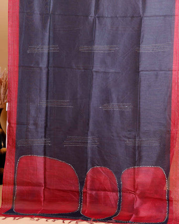 Handcrafted Kantha Cotton Saree with Contrast Patch Design and Intricate Stitch Embroidery - Navy Blue