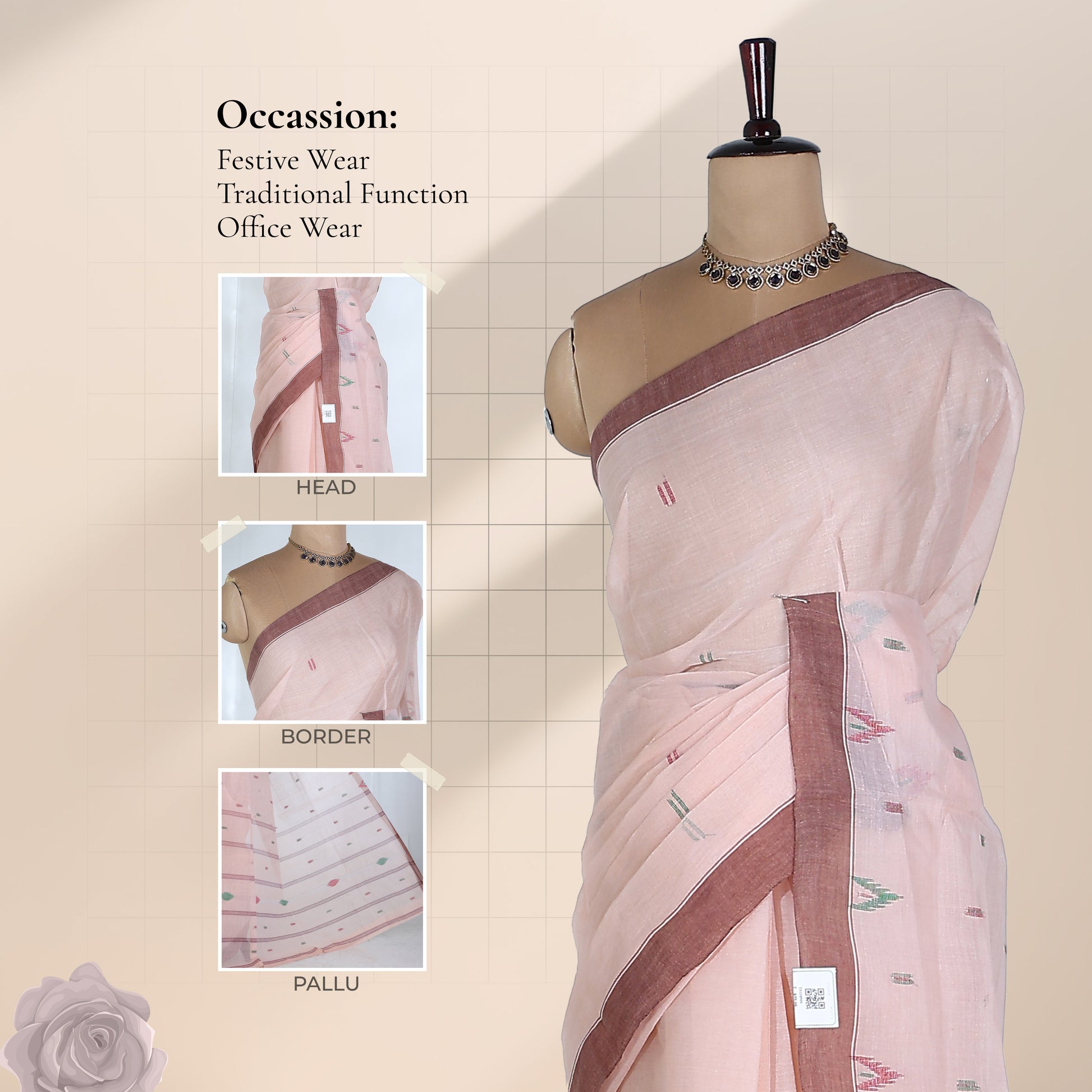 Light Peach Bengal Cotton Saree With Brown Border And Ikat Woven Motifs Front Mannequin View
