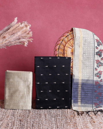 Women’s Unstitched Salwar Suit Material Set with Woven Butti Design Top 2.5 Mtr, Solid Coordinated Bottom 2 Mtr and Elegant Floral Printed Dupatta 2.25 Mtr with Traditional Border - Black