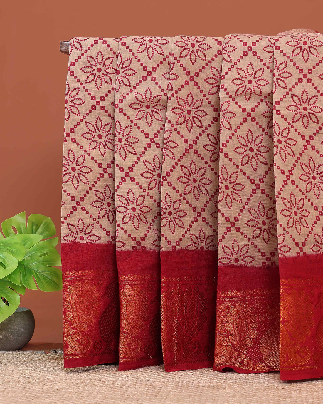 Traditional Sungudi Cotton Saree with Floral Dot Pattern and Grand Zari Peacock Border - Sandal