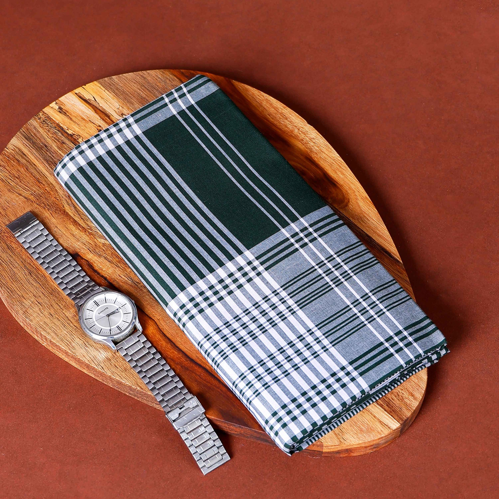 999 Brand Men's Premium Cotton Striped Lungi Stitched - Green