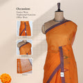 Orange Bengal Cotton Saree With Purple Border And Ikat Woven Motifs Front Mannequin View