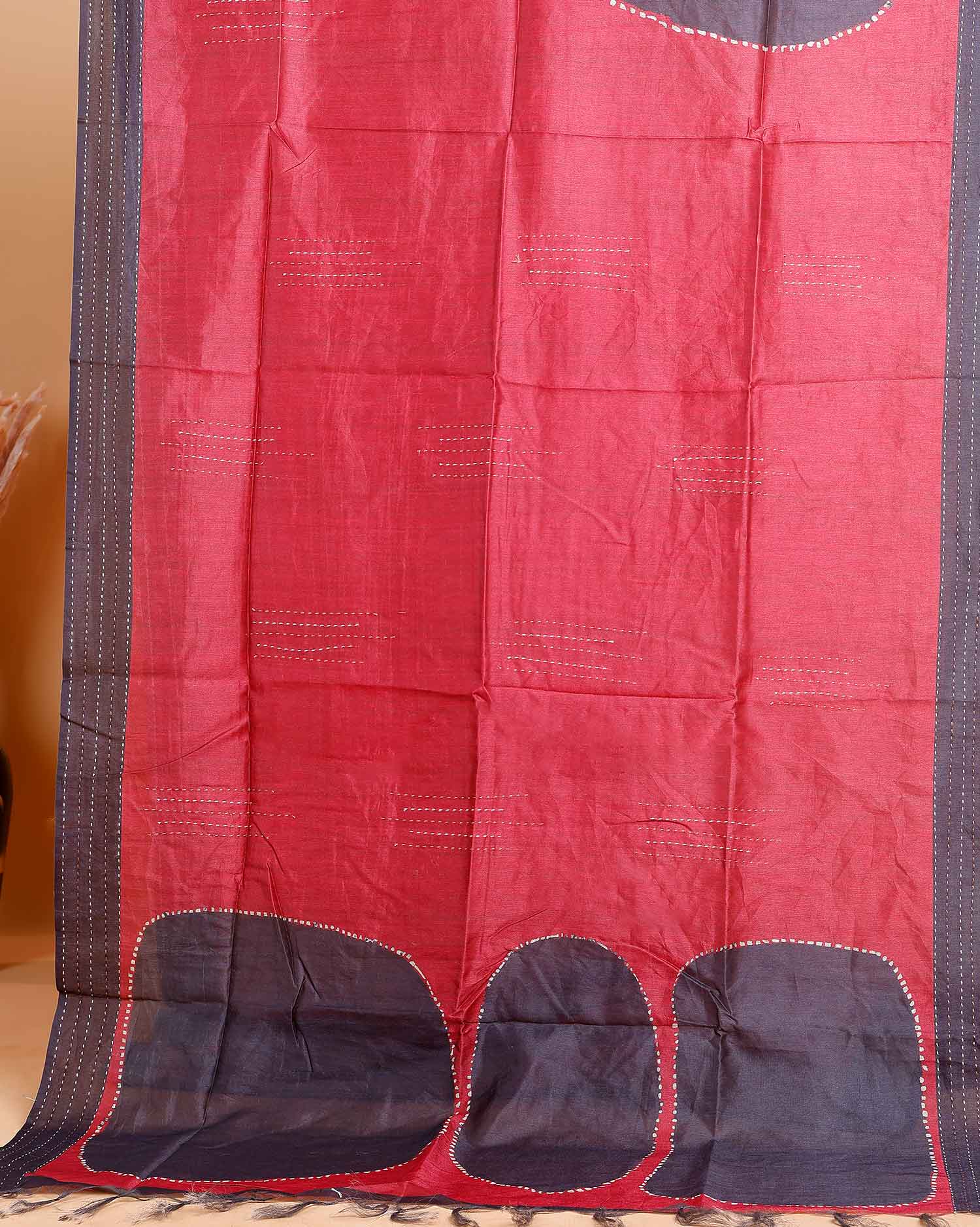 Handcrafted Kantha Cotton Saree with Contrast Patch Design and Intricate Stitch Embroidery - Red