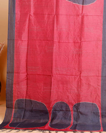 Handcrafted Kantha Cotton Saree with Contrast Patch Design and Intricate Stitch Embroidery - Red