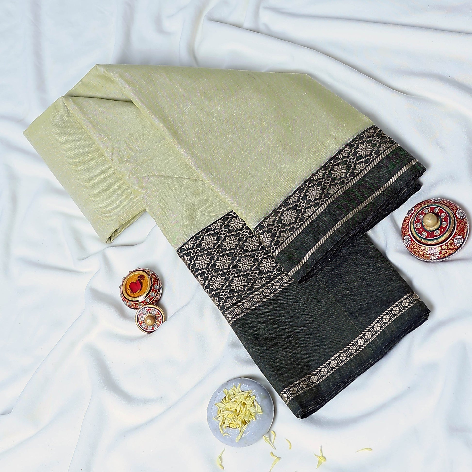 Mangalagiri Cotton Saree Light Green With  Dark Green Zari Border And Traditional Woven Patterns