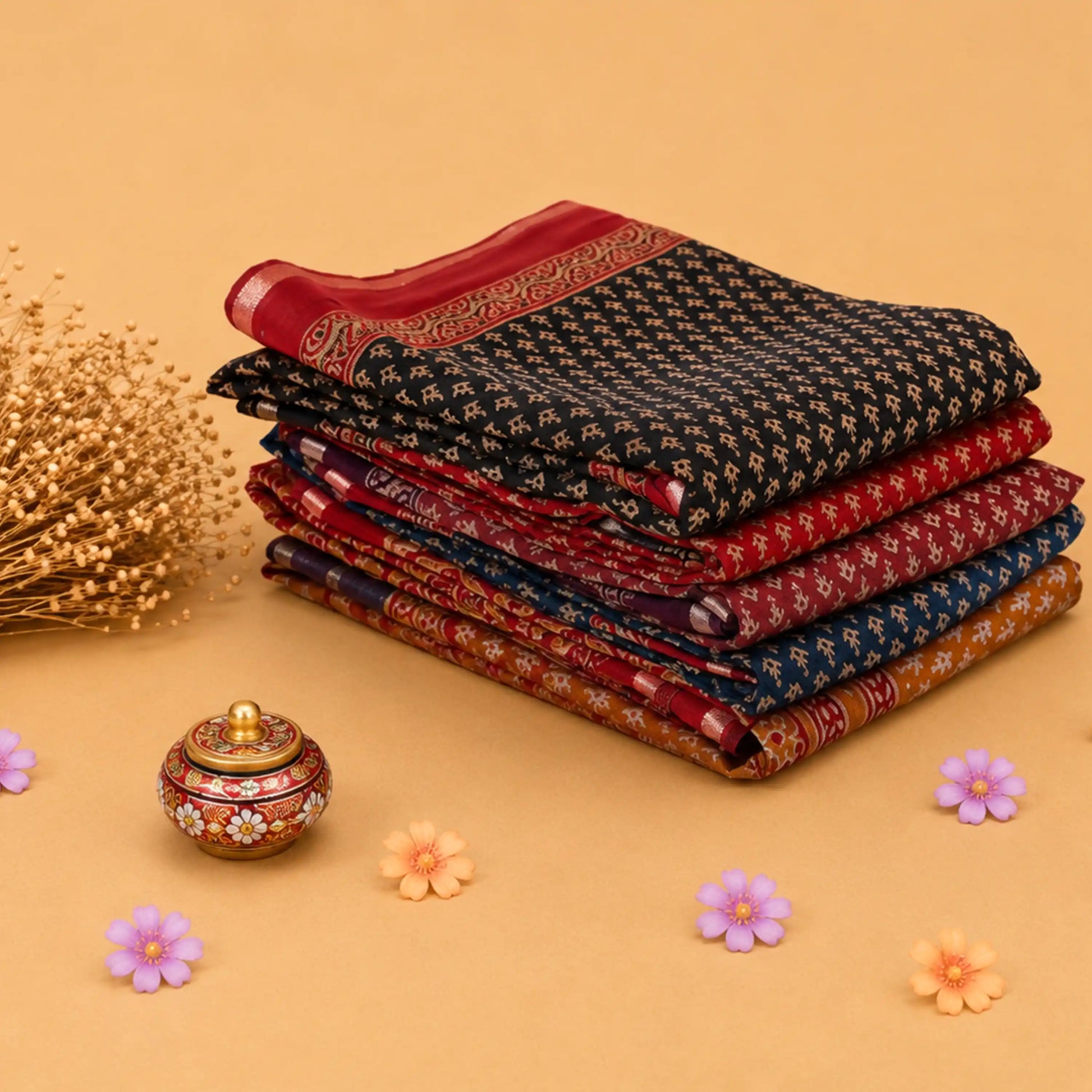 Semi Chanderi saree with traditional printed motifs in black and red folded stack front view with decorative border.
