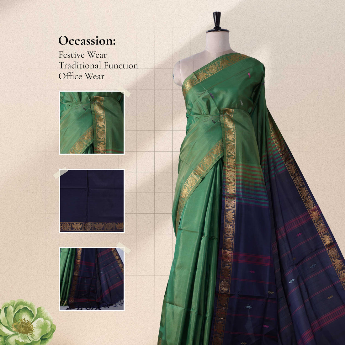 Olive Green Banana Pith Semi Silk Saree for Women | Wedding & Festive occasion | Jeyachandran - Full View
