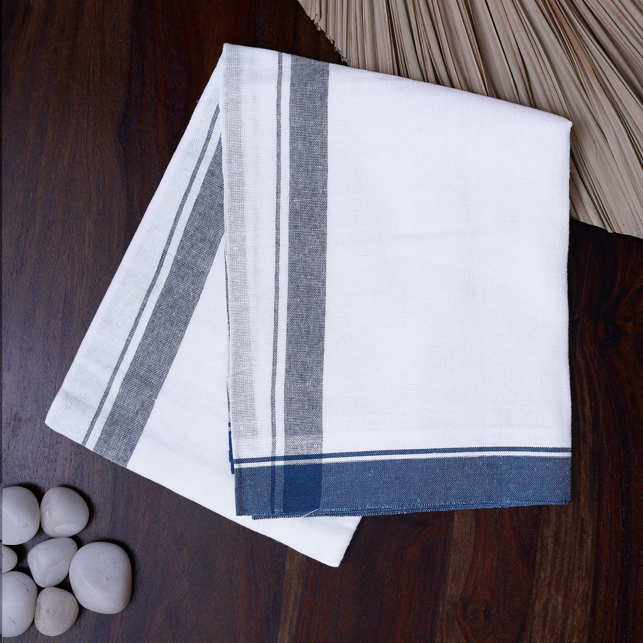 Men's Handloom Cotton Dhoti with Striped Pattern and Multi Border - White