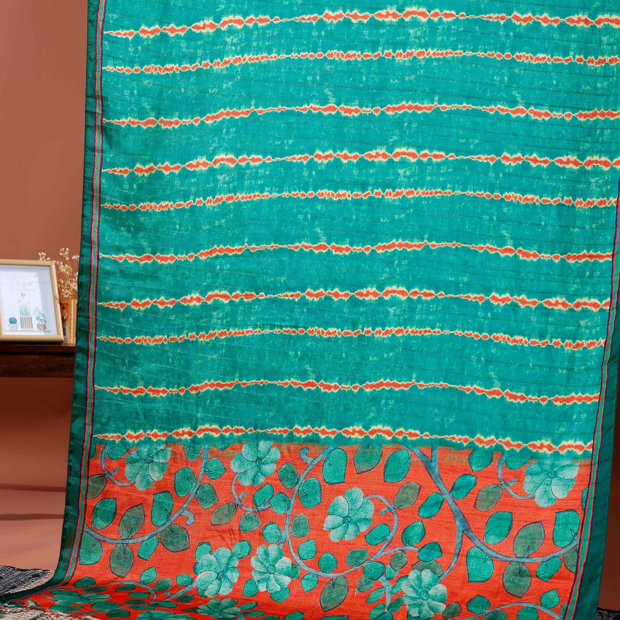 Elegant Semi Tussar Silk Saree with Intricate Nature-Inspired Patterns and Textured Stripes - Green