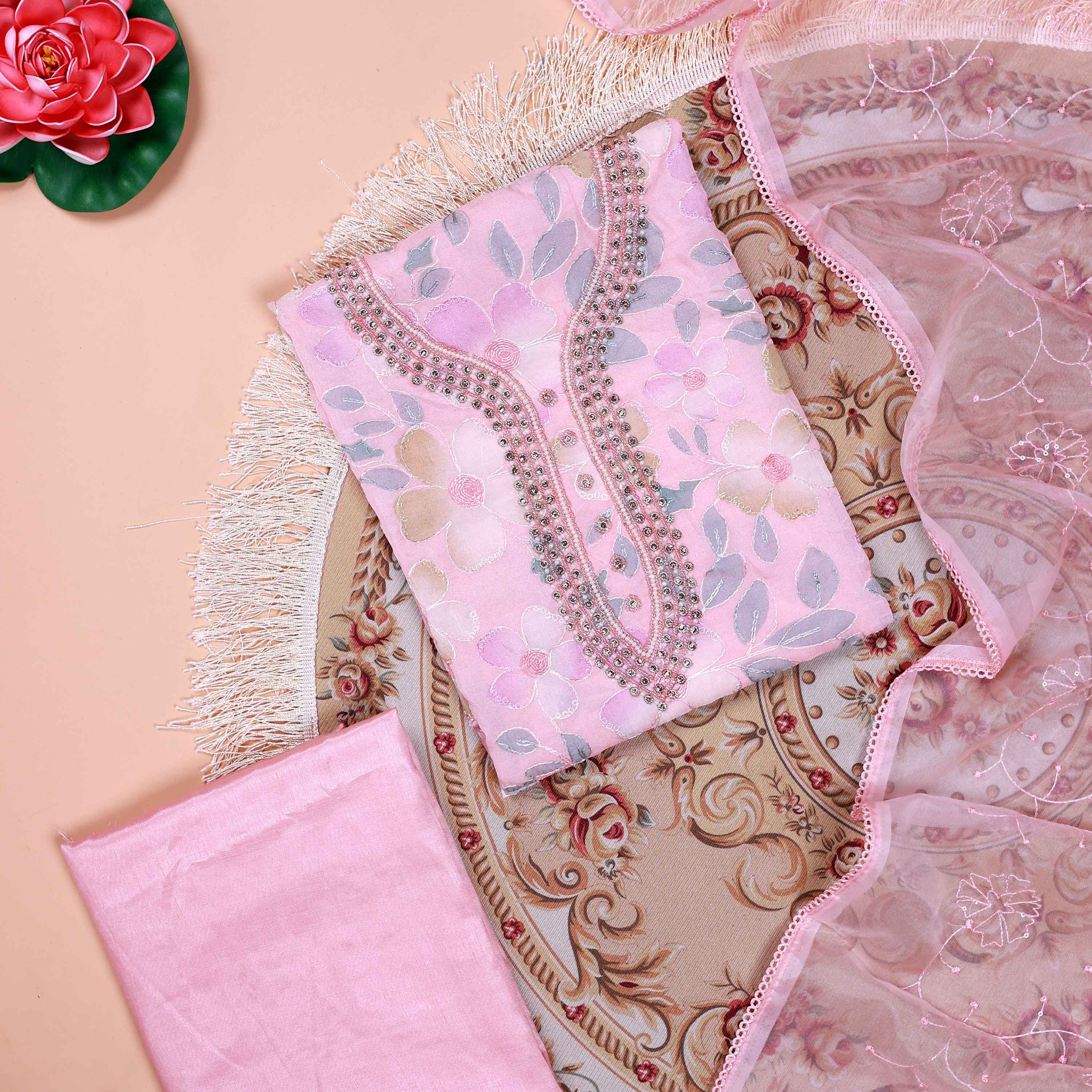 Women's Floral Embroidered Salwar Suit Material with Beaded Neckline and Net Dupatta - Pink