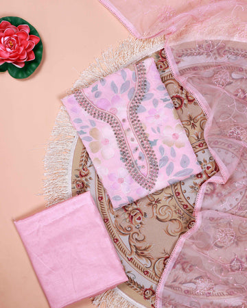 Women's Floral Embroidered Salwar Suit Material with Beaded Neckline and Net Dupatta - Pink