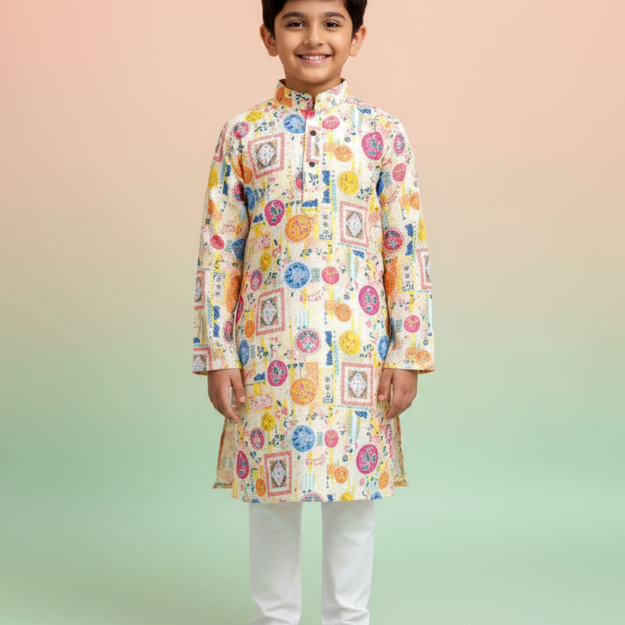 Boys Festive Cream Kurta Set with Multicolor Mandala & Frame Print