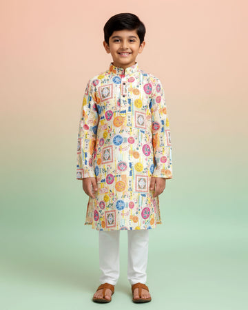 Boys Festive Cream Kurta Set with Multicolor Mandala & Frame Print