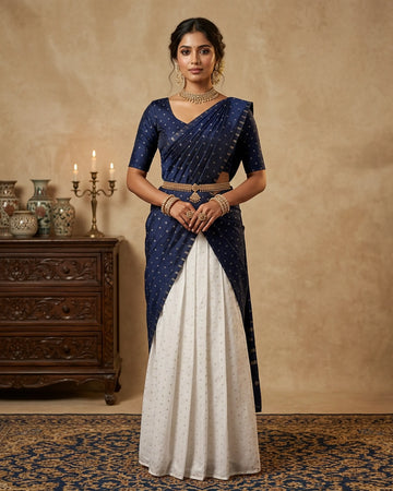 Cotton Semi Stitched Dhavani Set For Women | Festive Wear & Traditional Collection | Jeyachandran - Navy Blue & White