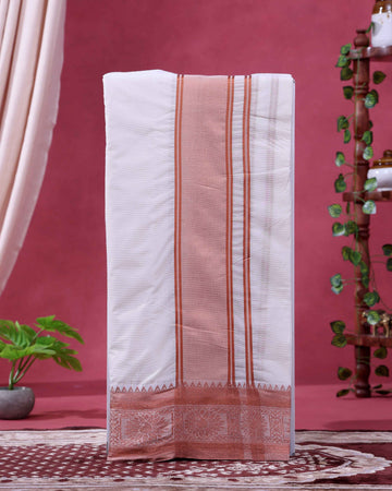 Men’s Traditional Handloom 10*6 Meter Cotton Dhoti with Copper Border - Off White