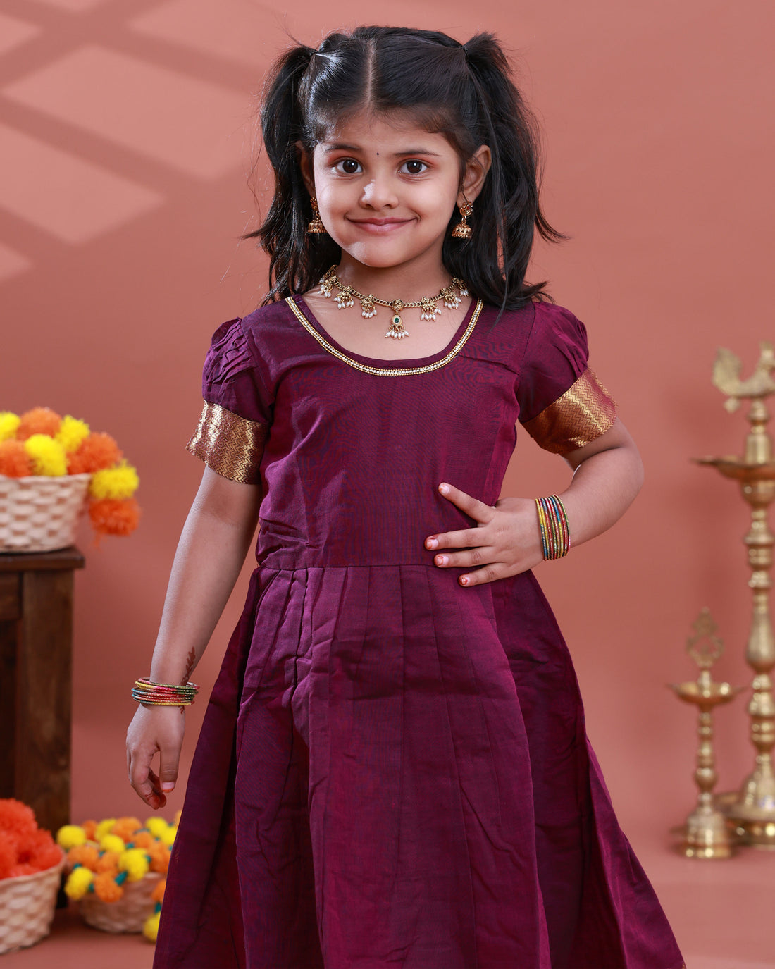 Kids Pattu Pavadai Readymade Traditional Ethnic Gown with Zari Border & Puff Sleeves - Purple