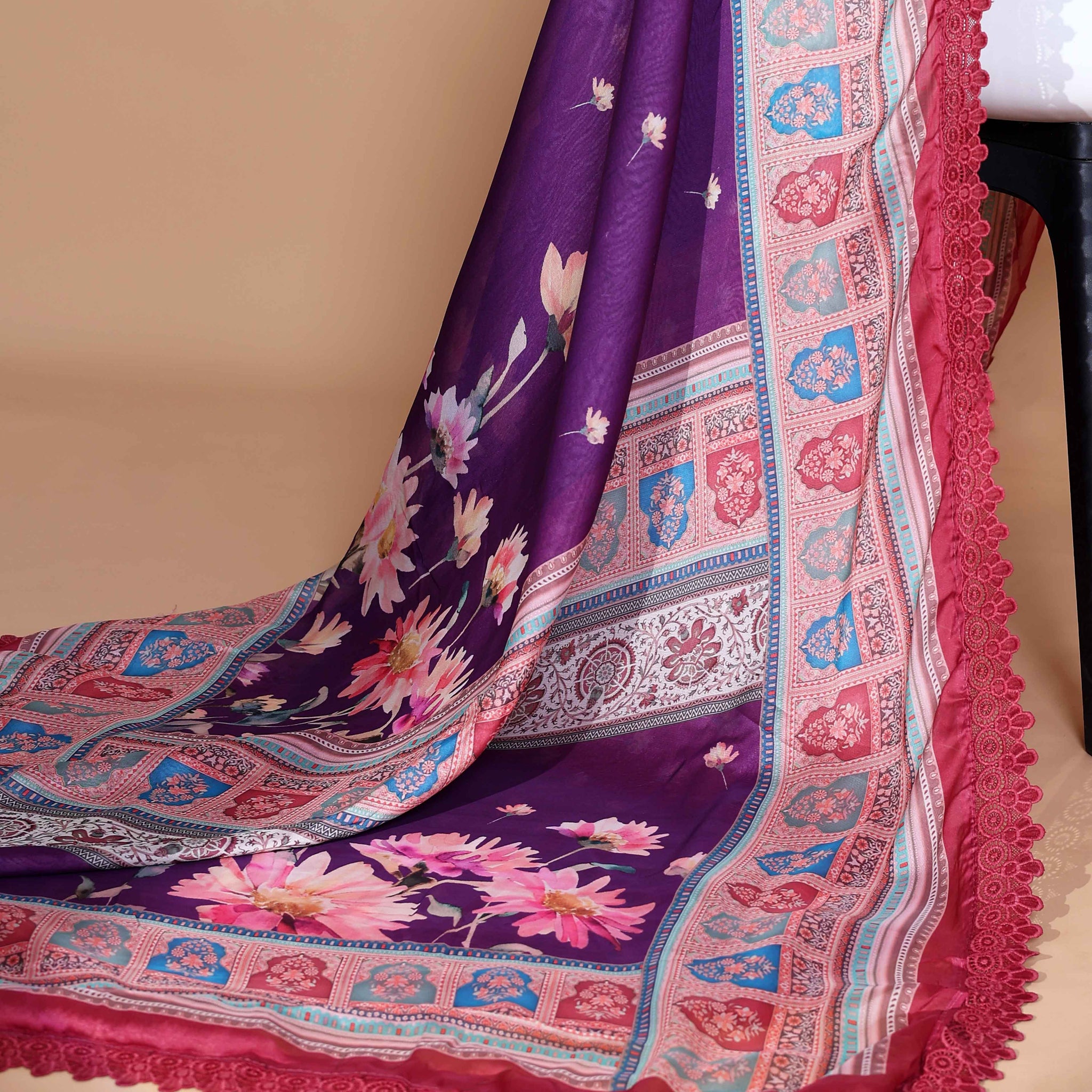 Elegant Violet Georgette Saree with Multicolour Floral Print