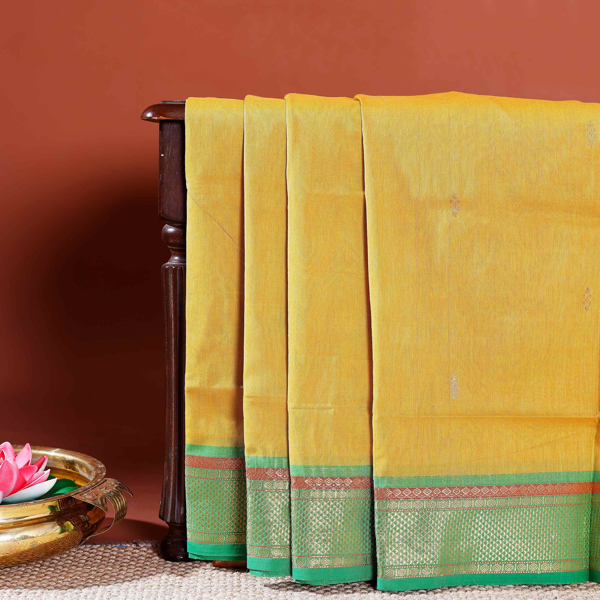 Handloom Chettinad Cotton Saree with Thread Border - Yellow