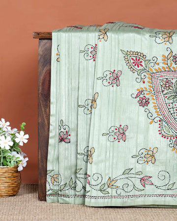 Elegant Hand Embroidered Kantha Work Tussar Saree with Floral and Paisley Motifs - Light Green