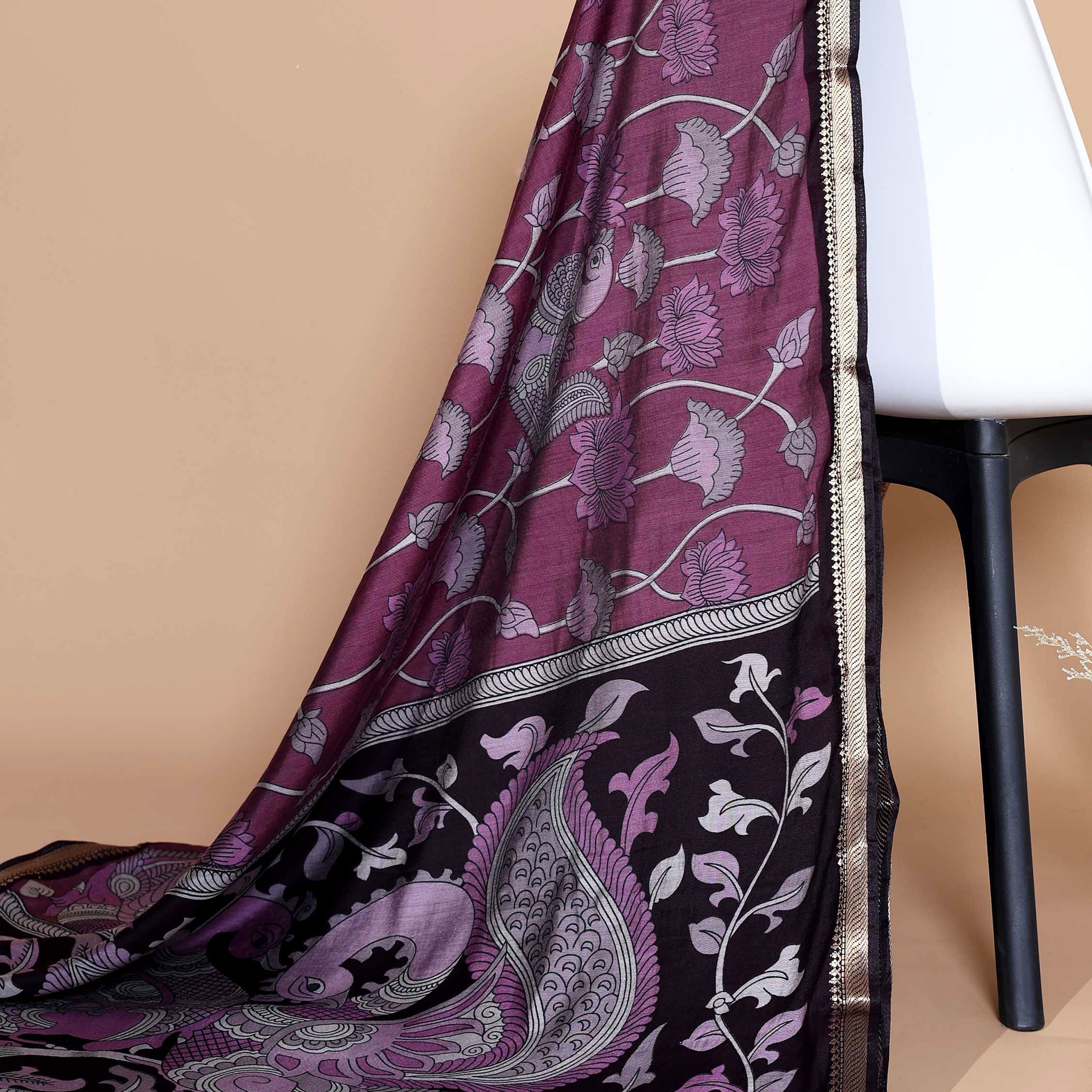 Elegant Semi Chanderi Saree with Traditional Kalamkari Handcrafted Motifs and Intricate Zari Border -  Purple