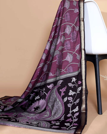 Elegant Semi Chanderi Saree with Traditional Kalamkari Handcrafted Motifs and Intricate Zari Border -  Purple
