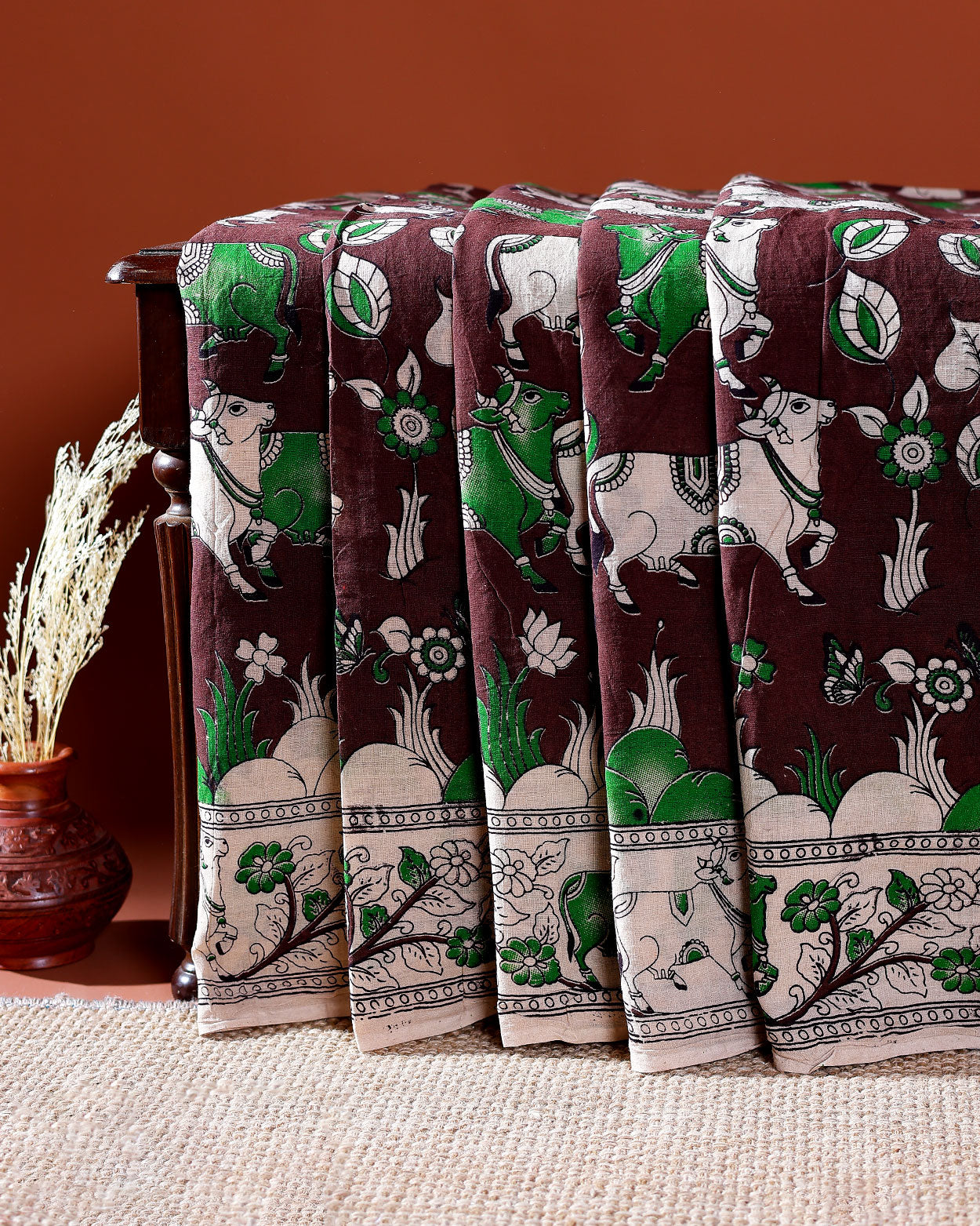 Traditional Handloom Kalamkari Cotton Saree with Intricate Floral and Avian Motifs - Brown