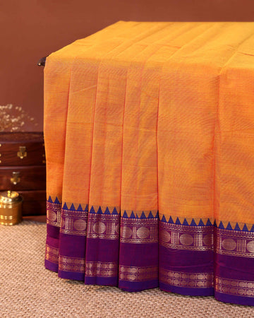 Traditional Handloom Chettinad Cotton Saree with Plain Body and Contrast Zari Woven Temple Rettapet Border - Orange