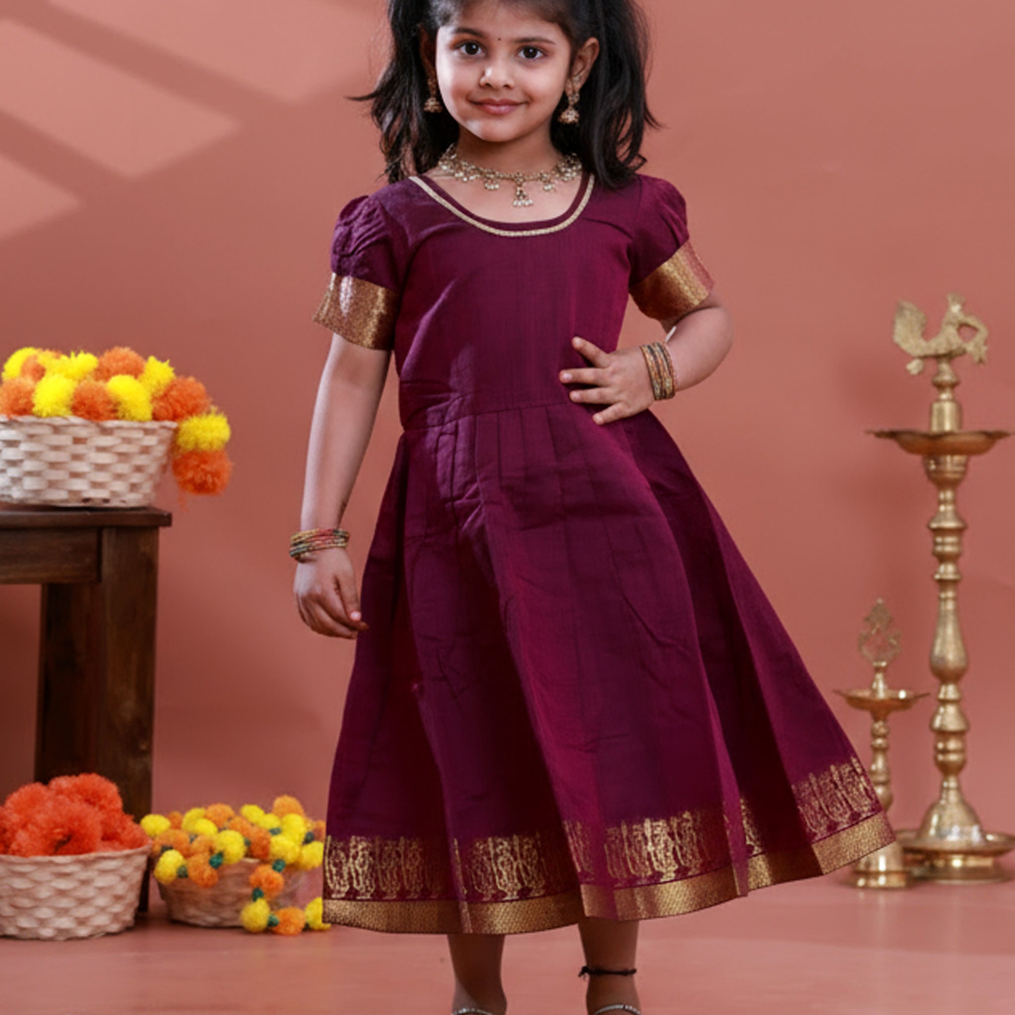 Kids Pattu Pavadai Readymade Traditional Ethnic Gown with Zari Border & Puff Sleeves - Purple