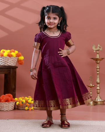 Kids Pattu Pavadai Readymade Traditional Ethnic Gown with Zari Border & Puff Sleeves - Purple