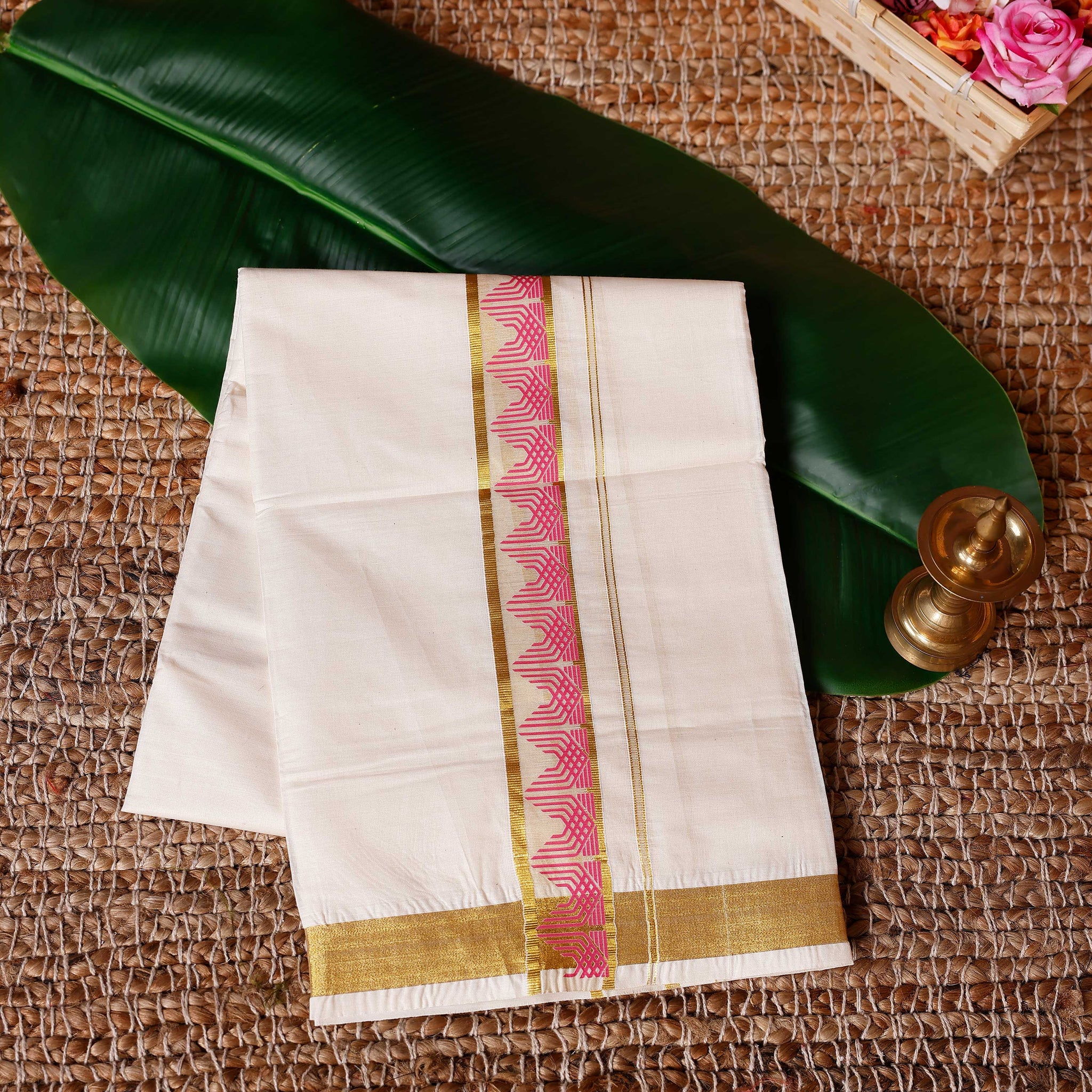 Traditional Handwoven Cotton Dhoti with Gold Color Border and Elegant Finish - Off White