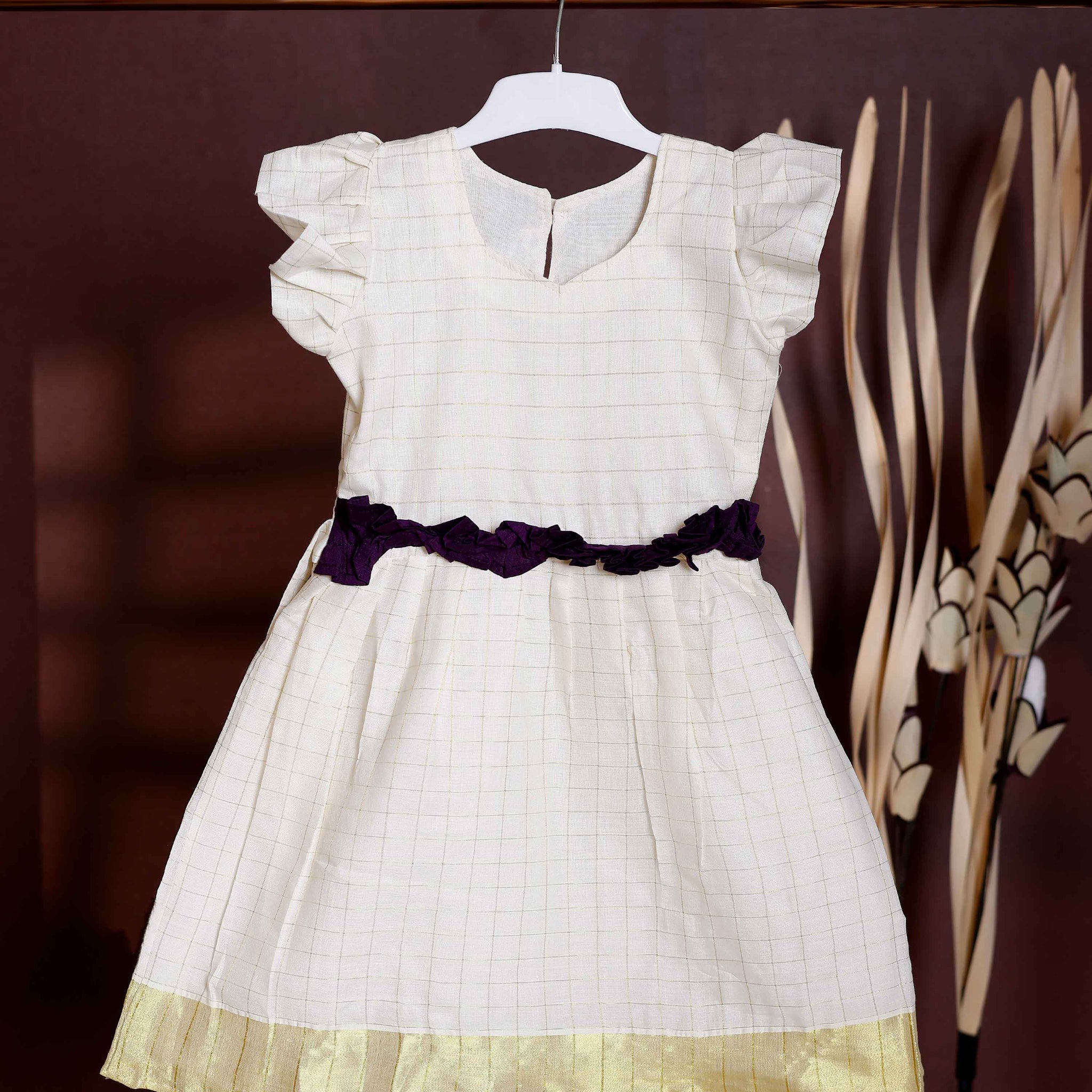 Elegant Girl's Frock with Checkered Weave and Pleated Skirt - Cream