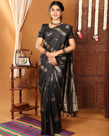 Semi Soft Silk Saree with Floral Motifs and Intricate Zari Woven Border - Black