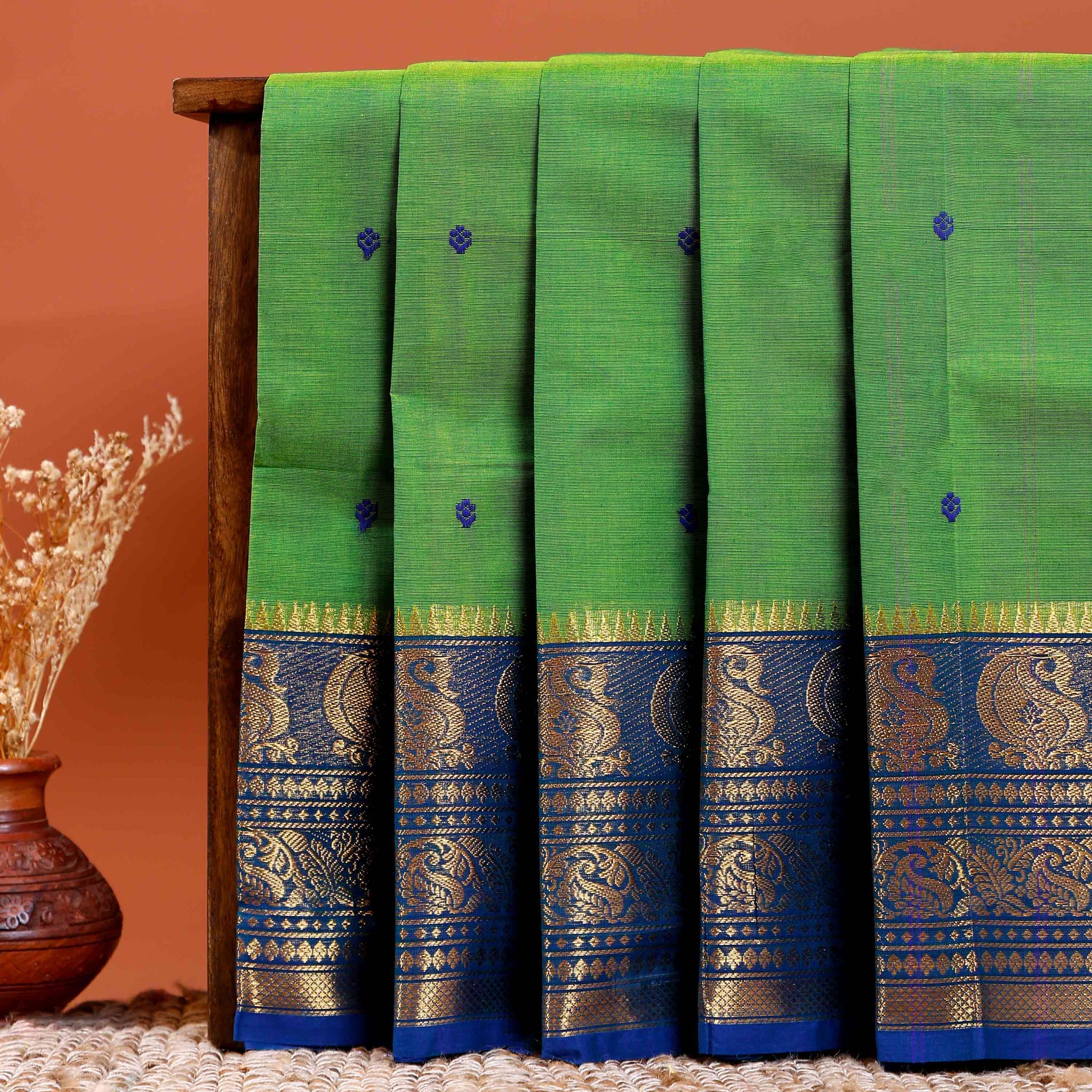 Handloom Chettinad Cotton Saree with Butta Weaves, Zari Peacock Motif Border and Contrast Pallu - Green