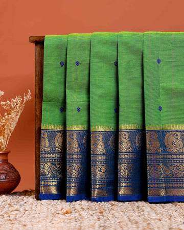 Handloom Chettinad Cotton Saree with Butta Weaves, Zari Peacock Motif Border and Contrast Pallu - Green