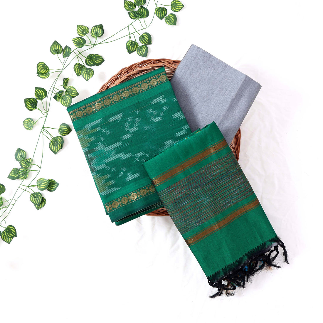 Green Cotton Unstitched Salwar Material for Women | Ethnic Summer Collection | Jeyachandran - Full View