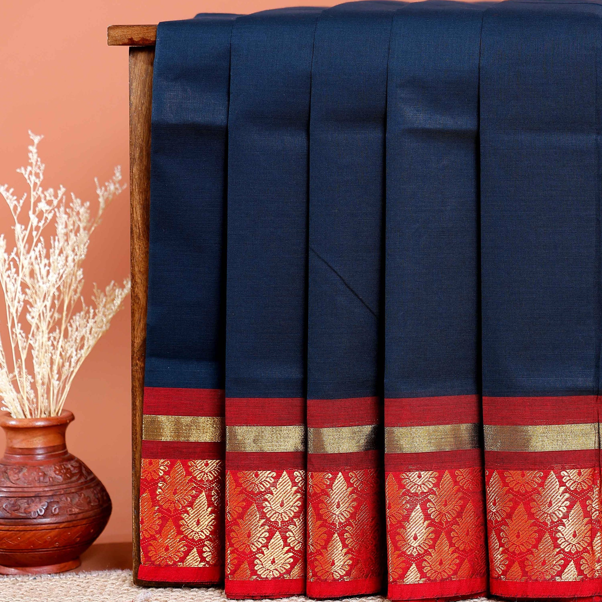 Chettinad Cotton Saree with Contrast Zari Border and Floral Motifs - Navy Blue