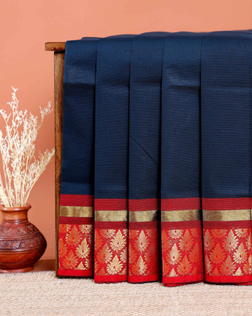 Chettinad Cotton Saree with Contrast Zari Border and Floral Motifs - Navy Blue
