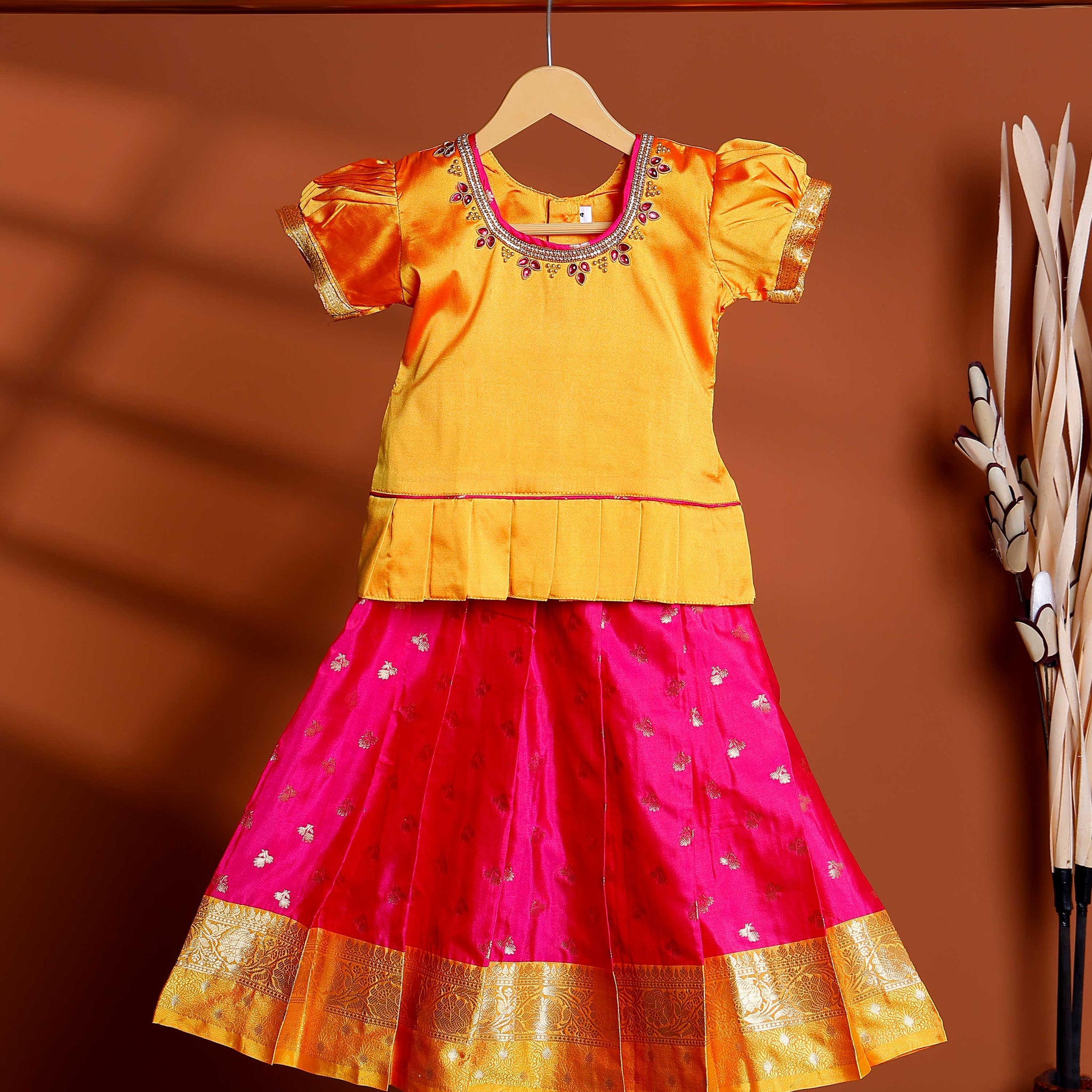 Classic Kids Readymade Pattu Pavadai with Contrast Blouse and Zari Woven Skirt - Yellow