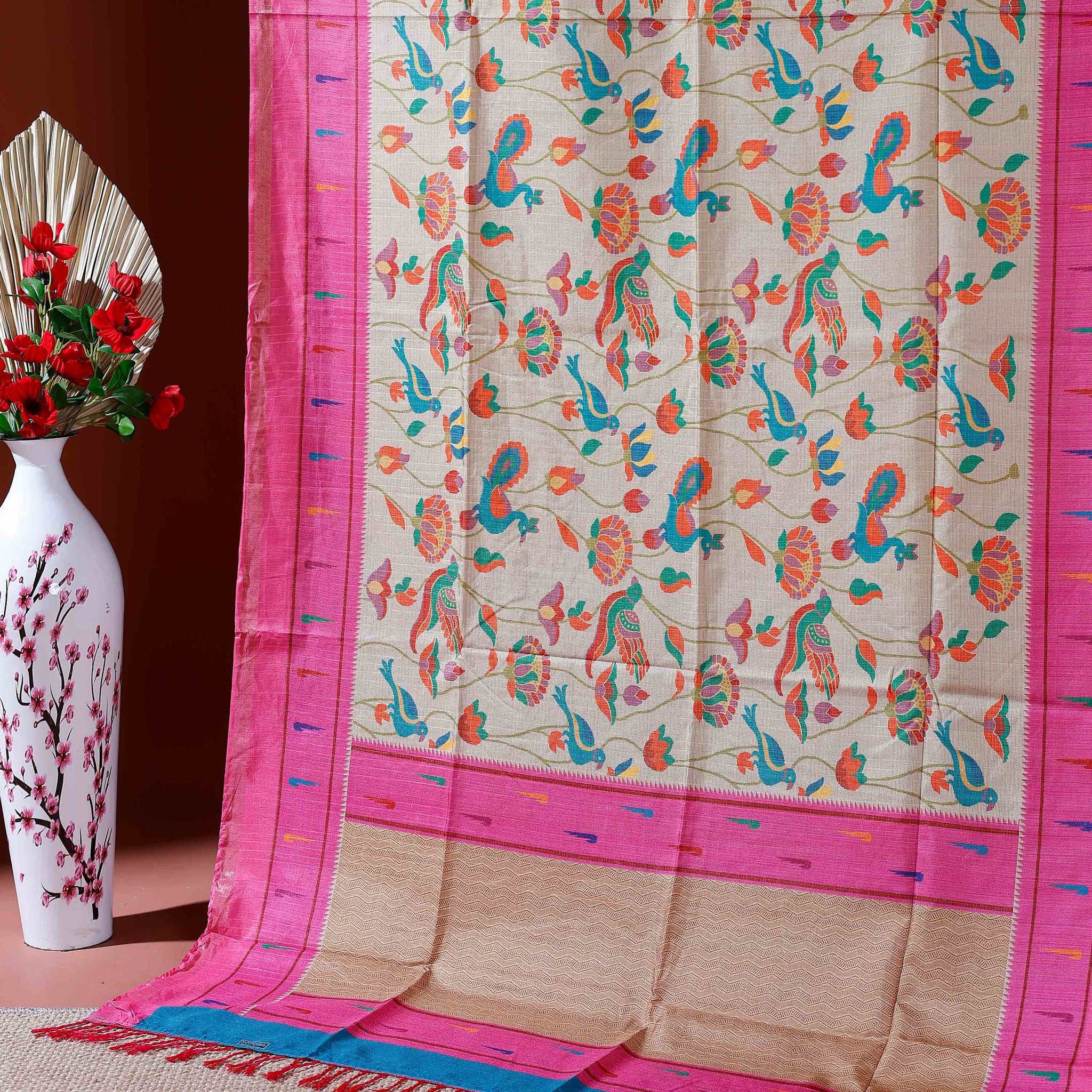 Traditional Kota Cotton Saree with Intricate Floral and Paisley Weaving and Contrast Woven Border - Sandal