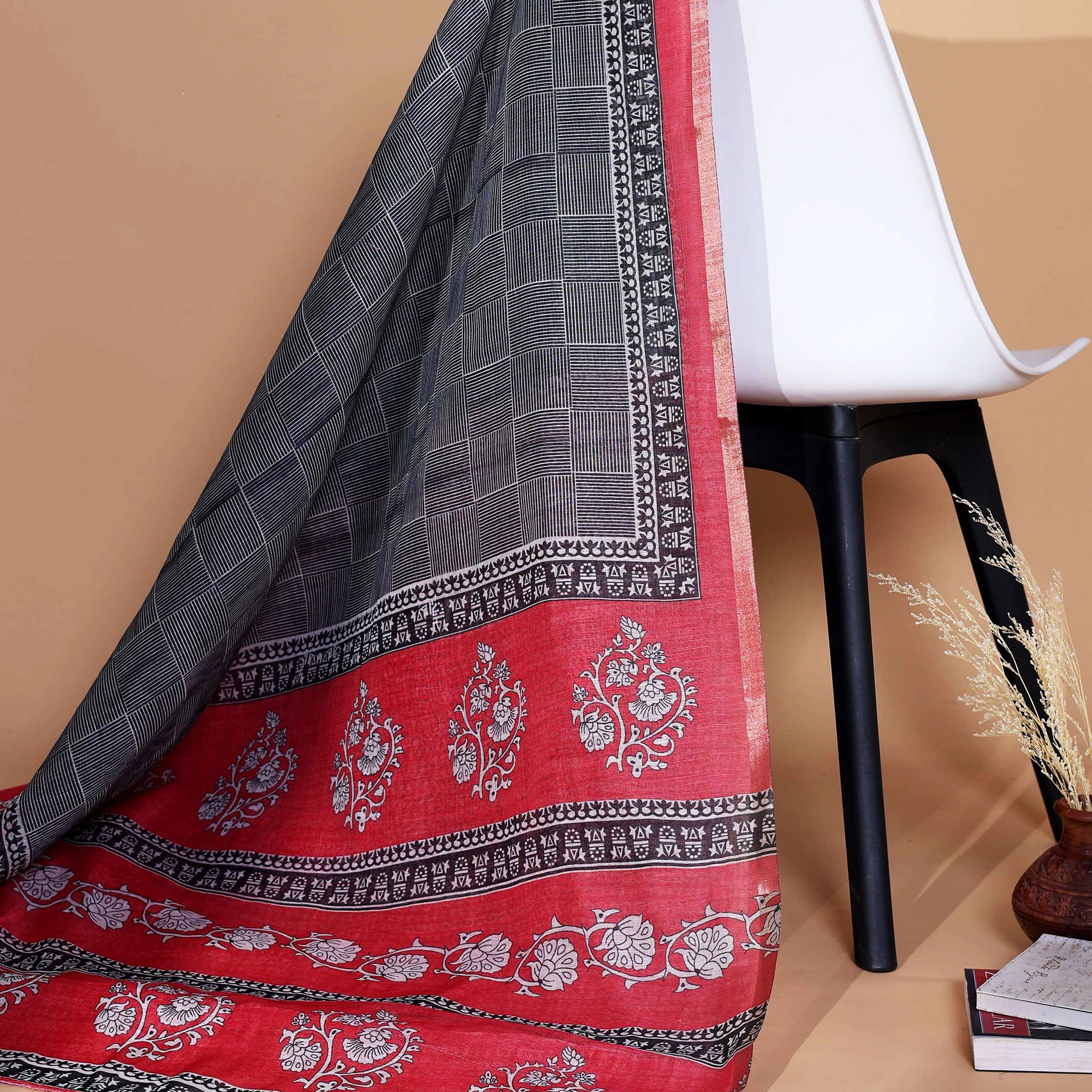 Elegant Grey and Red Linen Saree with Checked Body, Intricate Floral Motifs and Contrast Woven Border
