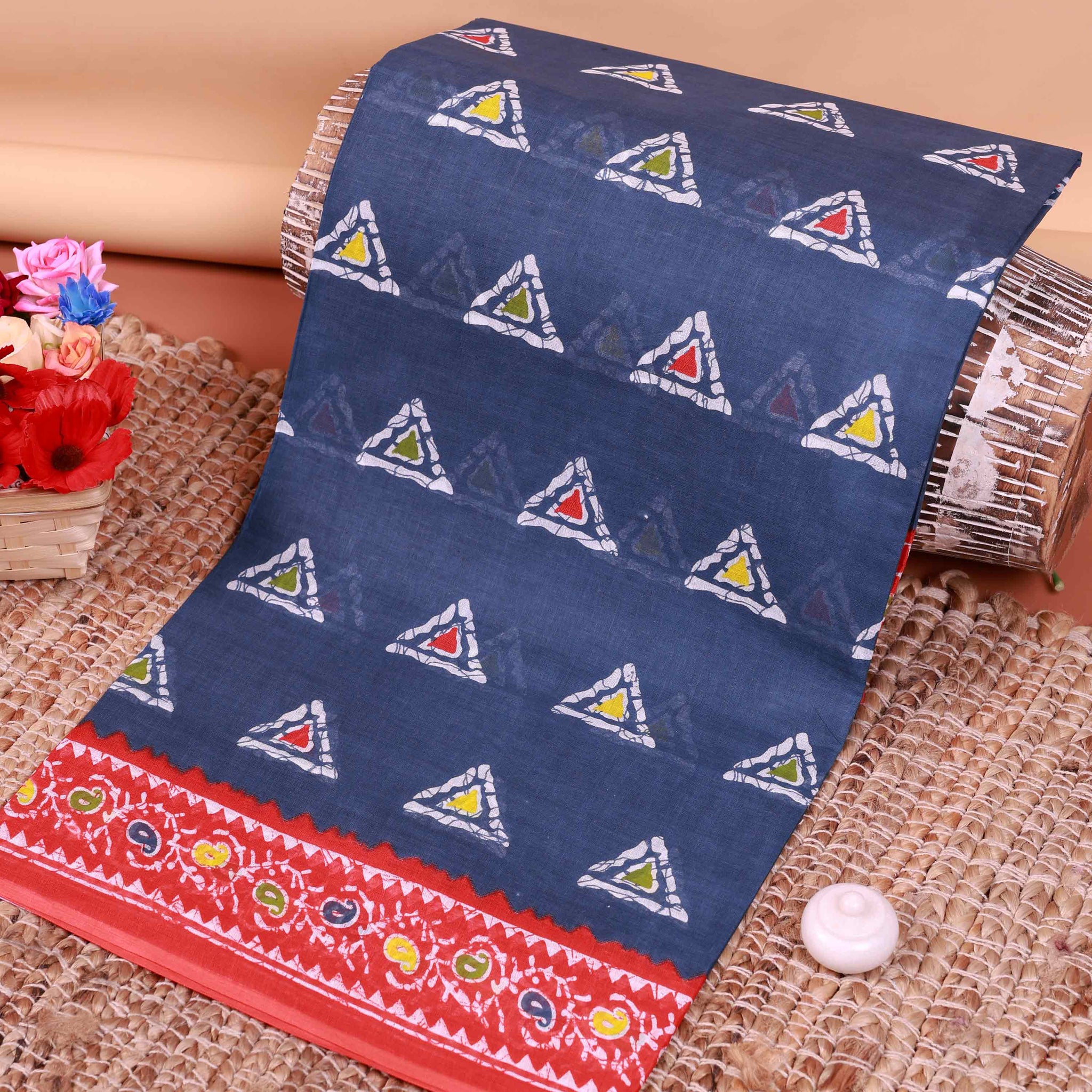 All-Over Floral Printed Voile Saree with Intricate Contrast Border – Blue