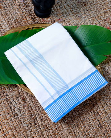 Men’s Cotton Dhoti with Blue Colour Border - White