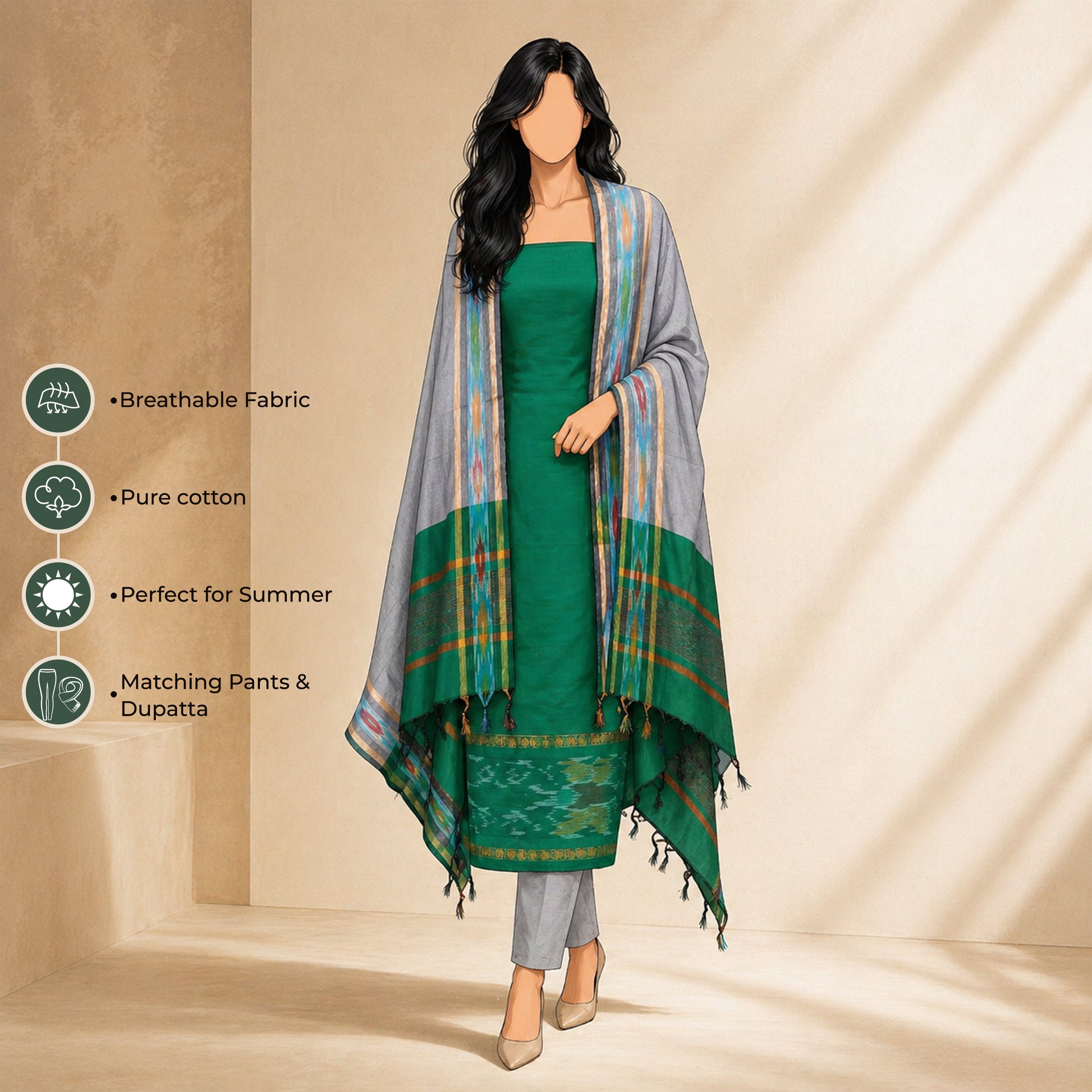 Green Salwar Suit Material With Grey Bottom Fabric And Colorful Ikat Dupatta - Front View

