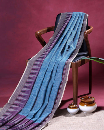 Elegant Linen Blend Saree with Minimalist Body and Intricate Ikkat Pattern Border Design - Pastel Blue