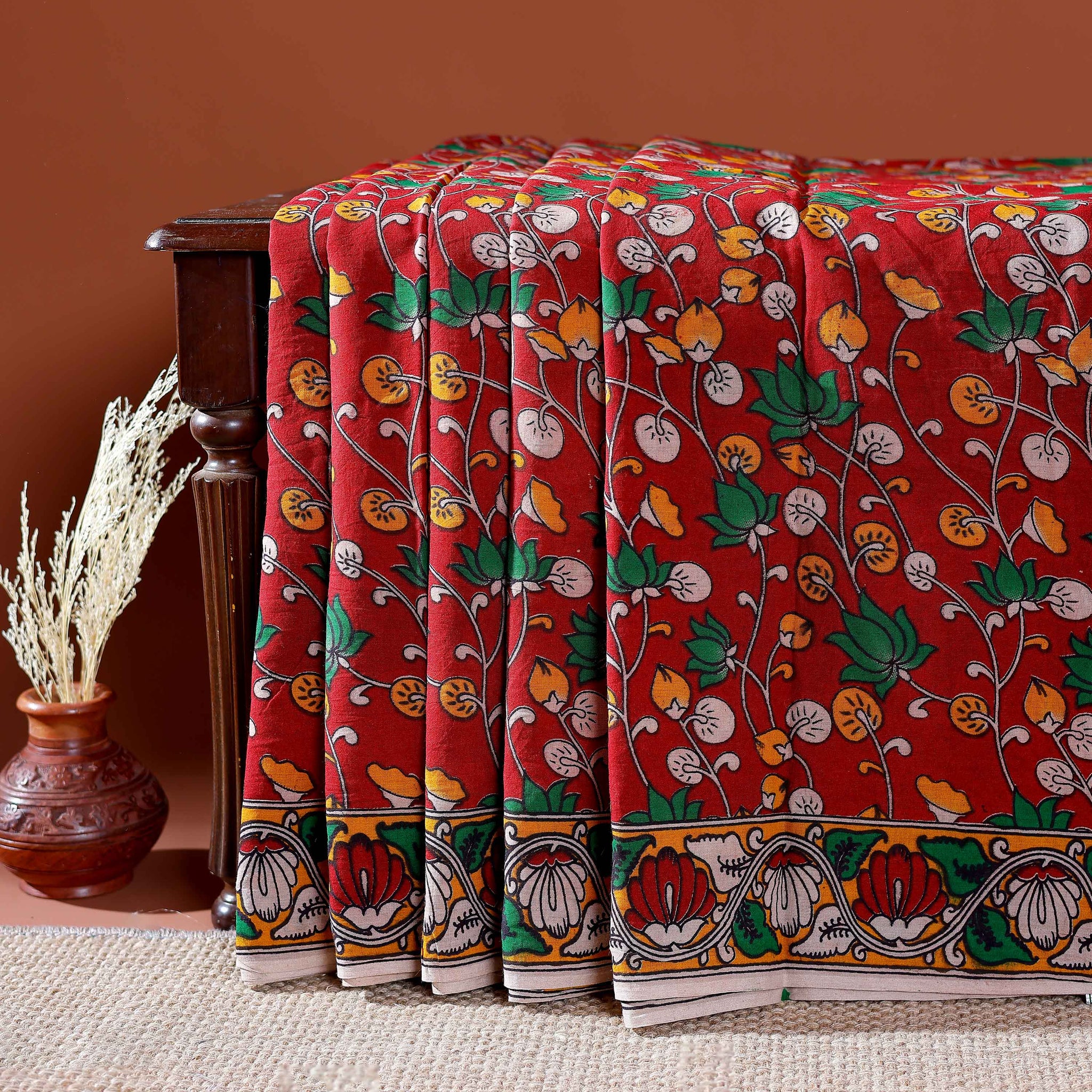 Traditional Handloom Kalamkari Cotton Saree with Intricate Floral and Avian Motifs - Red