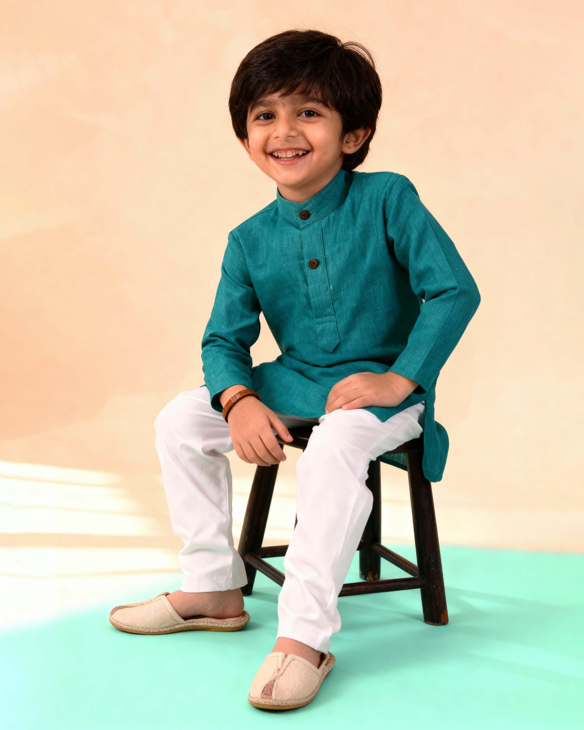 Boys Festive Kurta Set with Mandarin Collar, Dark Green