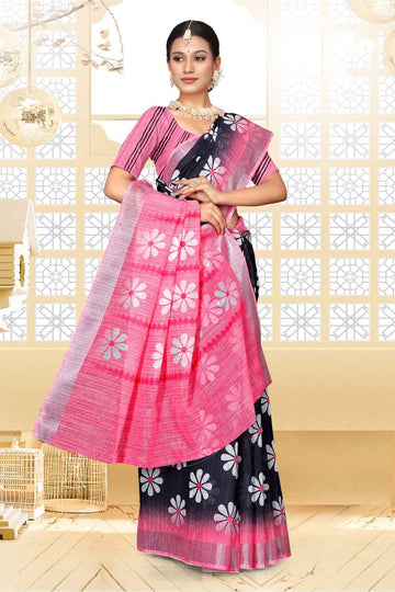 Pink With Black Color Ikkat Saree - IK07